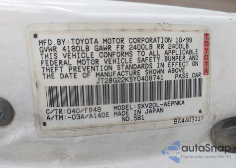 2000 Toyota Camry Ce/Le/Xle из США, поврежденный, VIN JT2BG22K5Y0408741